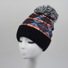 KNIT BEANIE (SUBLIMATION PRINTED)- W/POM-BLACK