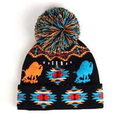 KNIT BEANIE W/ POM, LEGACY TRAILS-BLACK BUFFALO