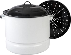 34QT STEAMER POT WHITE ENAMEL BLACK LID