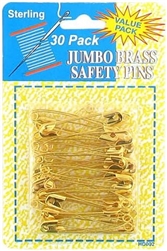 SAFETY PINS, 2" LARGE BRASS, 30pc